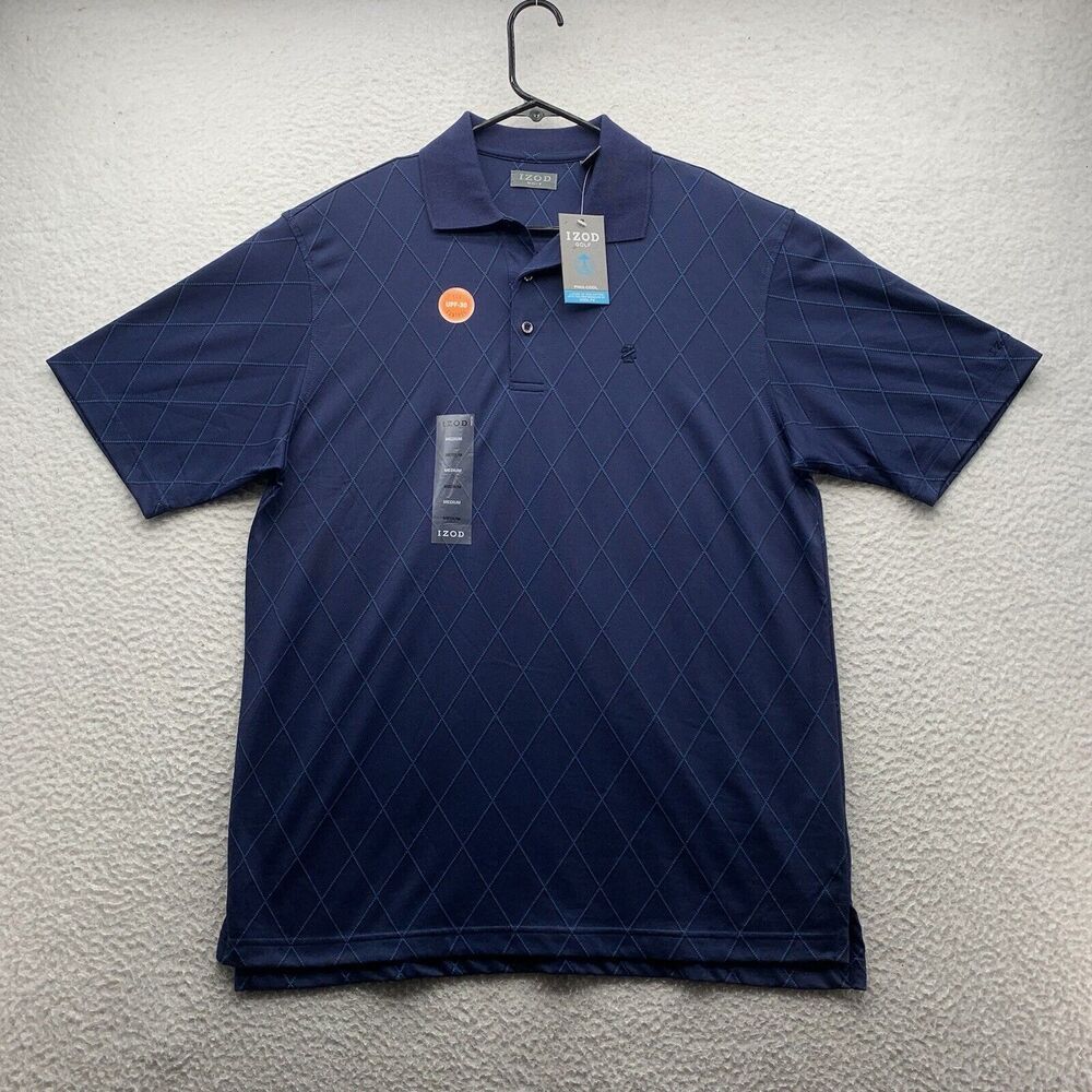 Izod Golf Polo Shirt Mens Medium M Blue Argyle Preppy Pima Cotton Blend UPF 30